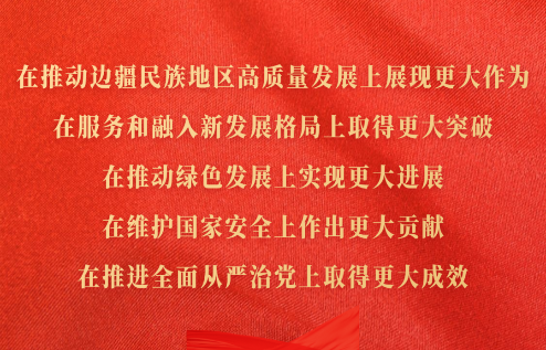 在推動(dòng)邊疆民族地區(qū)高質(zhì)量發(fā)展上展現(xiàn)更大作為，在服務(wù)和融入新發(fā)展格局上取得更大突破，在推動(dòng)綠色發(fā)展上實(shí)現(xiàn)更大進(jìn)展，在維護(hù)國(guó)家安全上作出更大貢獻(xiàn)，在推進(jìn)全面從嚴(yán)治黨上取得更大成效